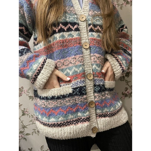 Amano Style Pachamama Hand Knitted Wool Folk Cozy Pockets Cardigan Sweater L - Picture 1 of 13